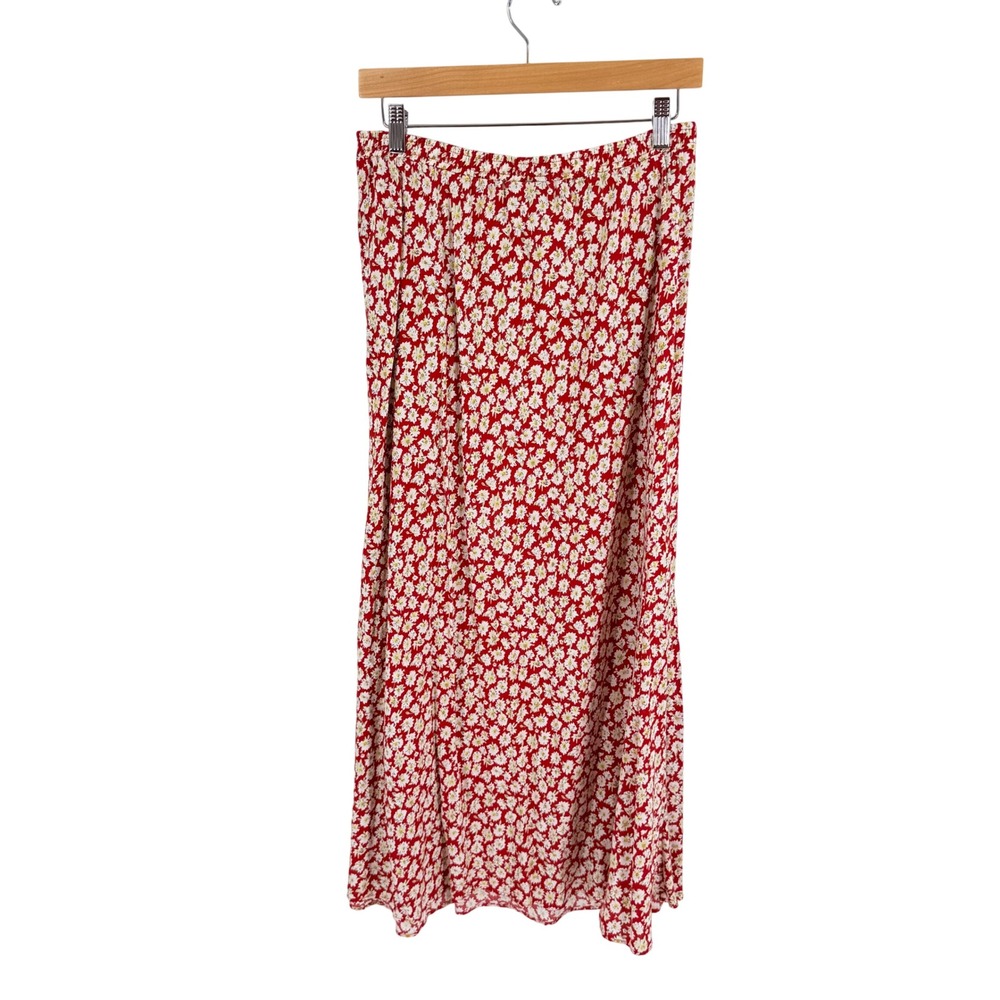 Vintage Coldwater Creek Midi Skirt Red Medium Floral Rayon Made USA Cottagecore - Picture 2 of 5